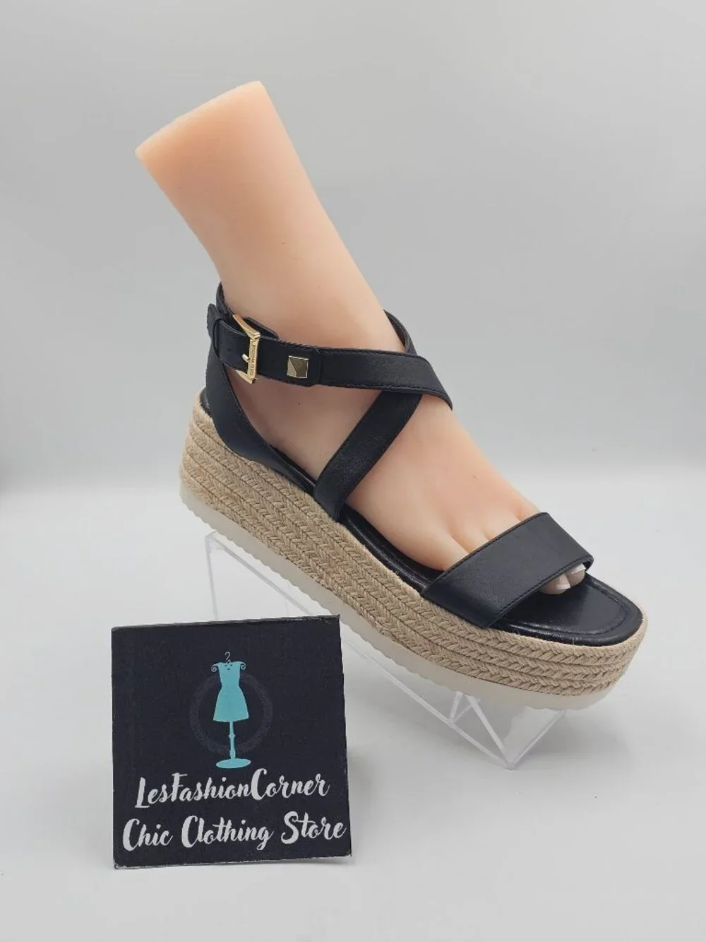 NWOB Michael Kors Women's Black Leather Lowry Espadrille Sandals Size 10 3720